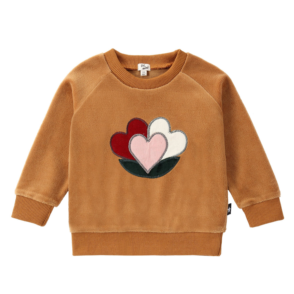 Heart Applique Velour Sweatshirt in Toffee