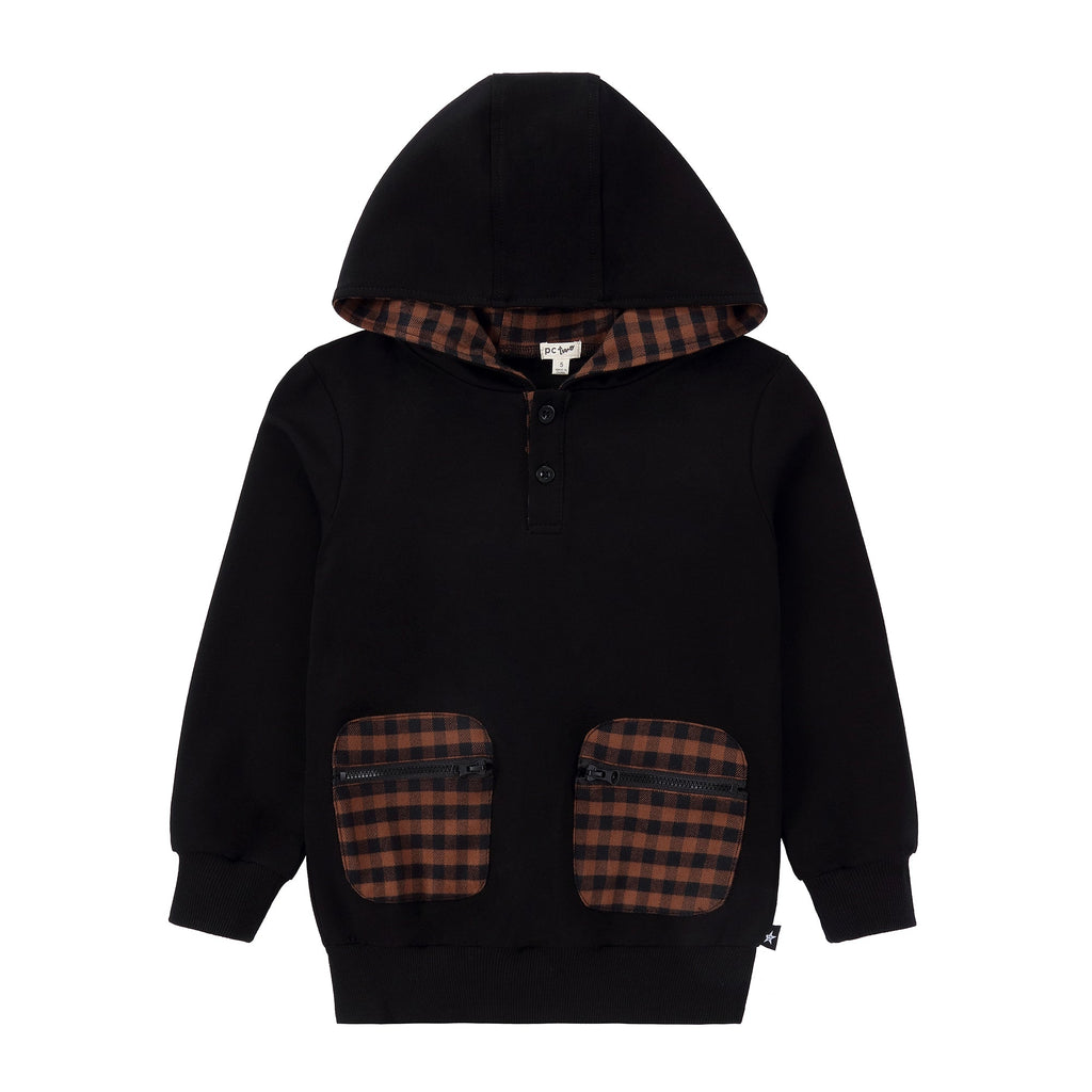 Hooded Sweatshirt with Plaid Accents