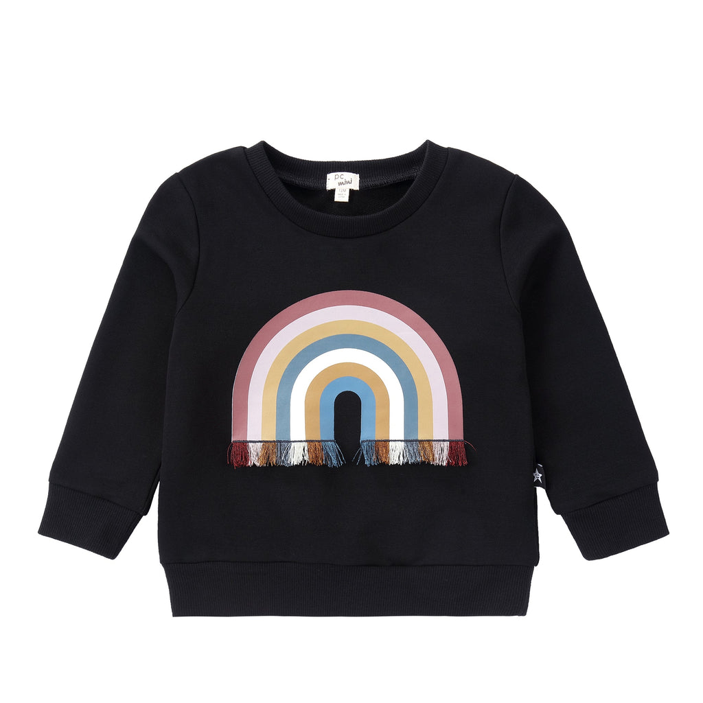 Black Sweatshirt with Fringed Rainbow Print