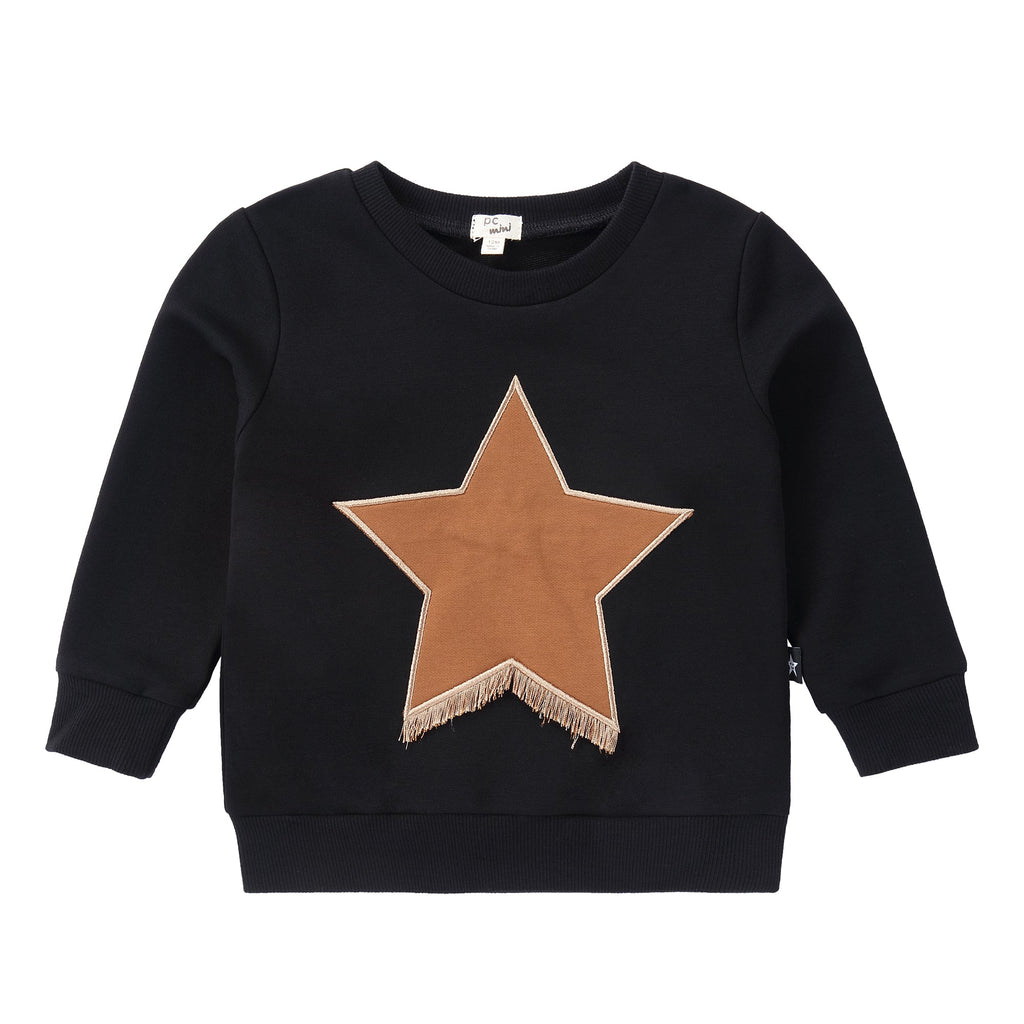 Black Sweatshirt with Fringed Star Applique