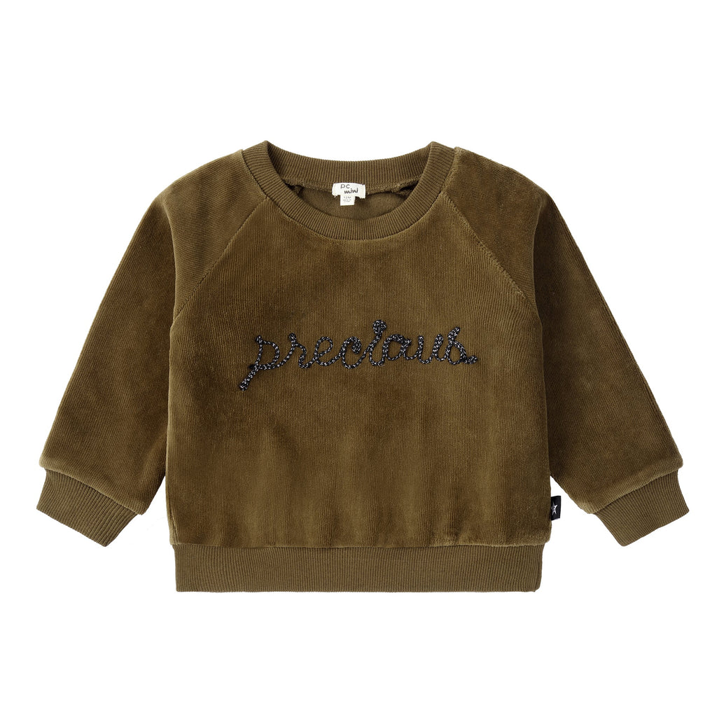 Baby Dark Taupe Ribbed Velour Sweatshirt with Metallic Applique