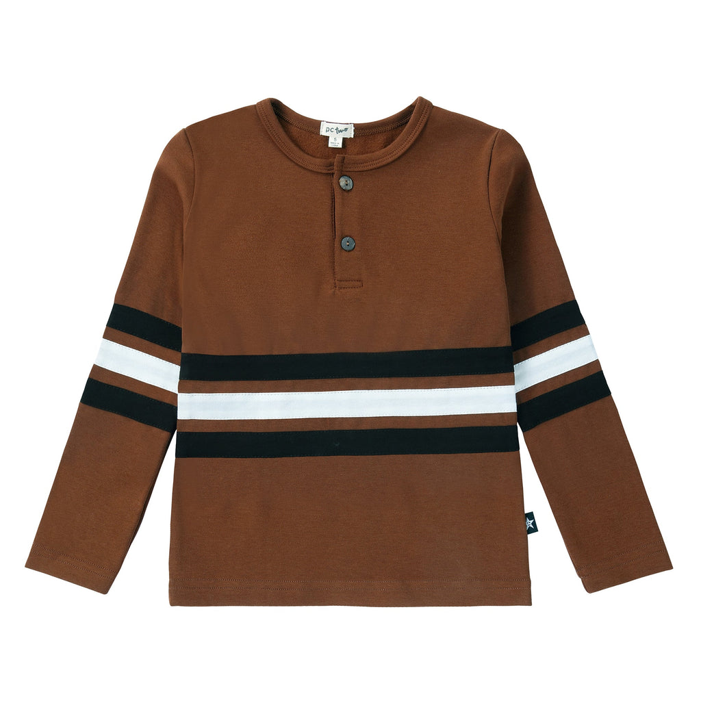 Mocha Henley with Black and Ivory Stripe Details