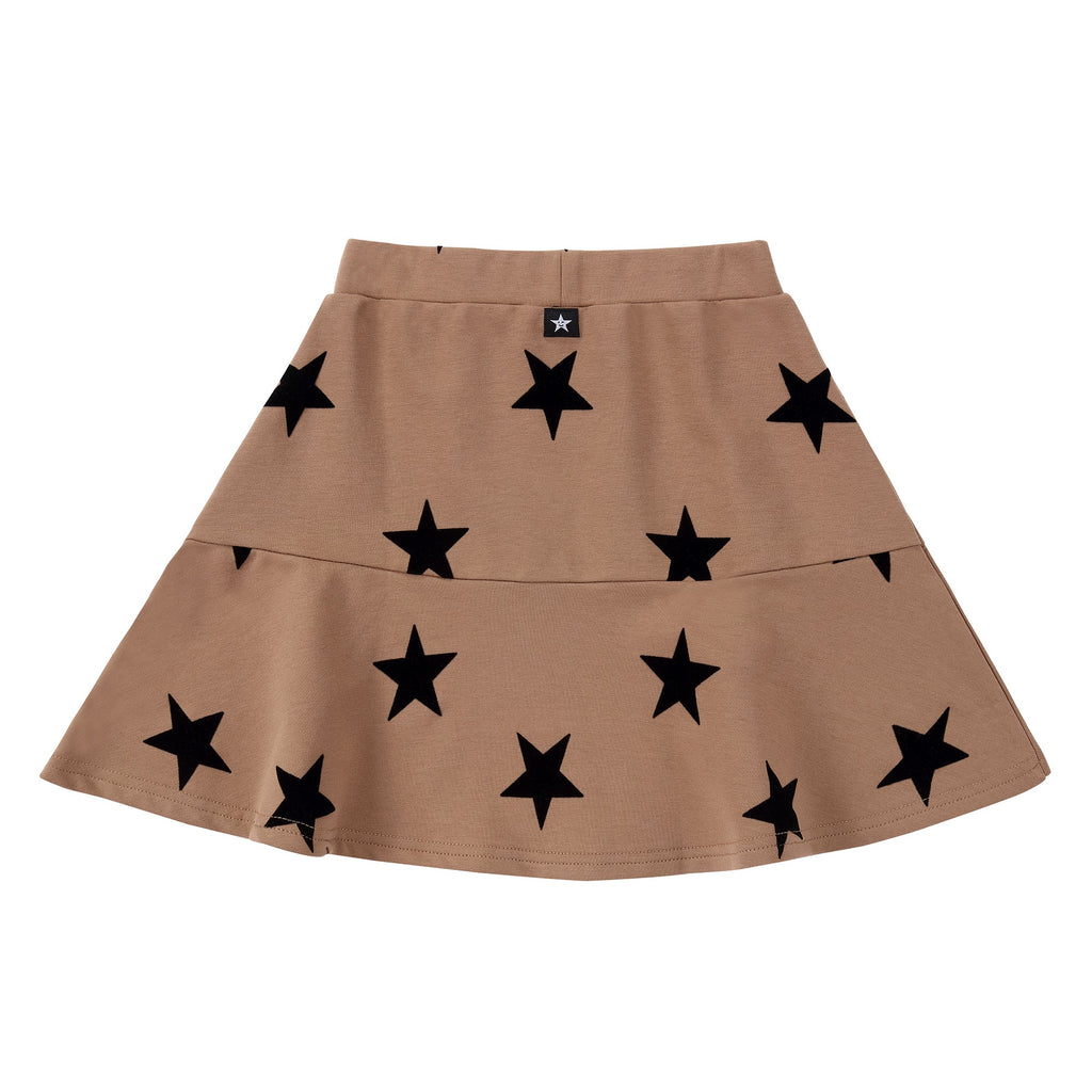 Tan Velvet Star Printed Ruffle Hem Skirt