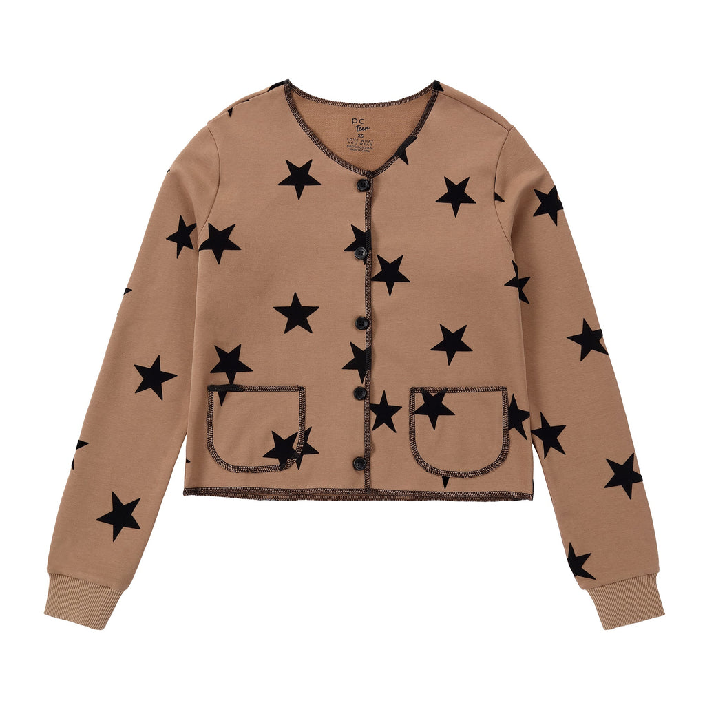 Teens Tan Velvet Star Printed Cardigan