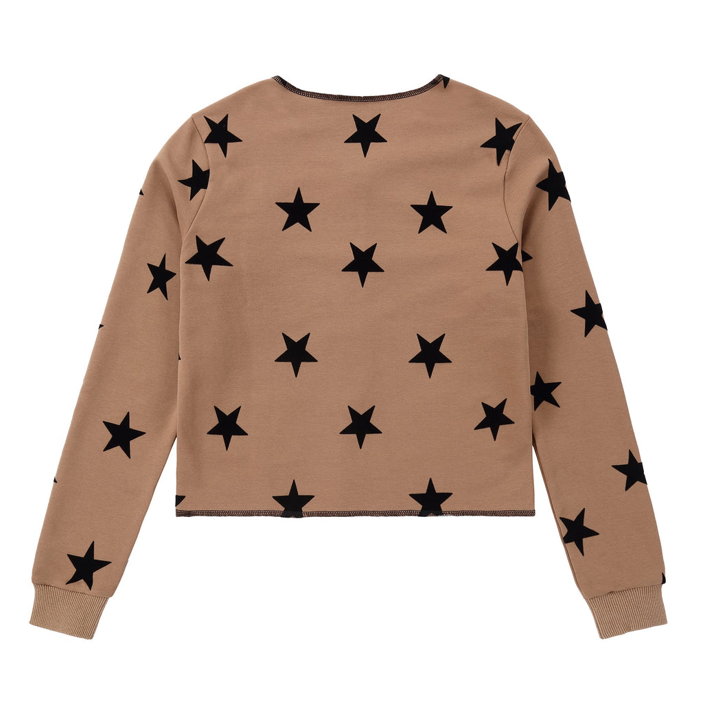 Teens Tan Velvet Star Printed Cardigan