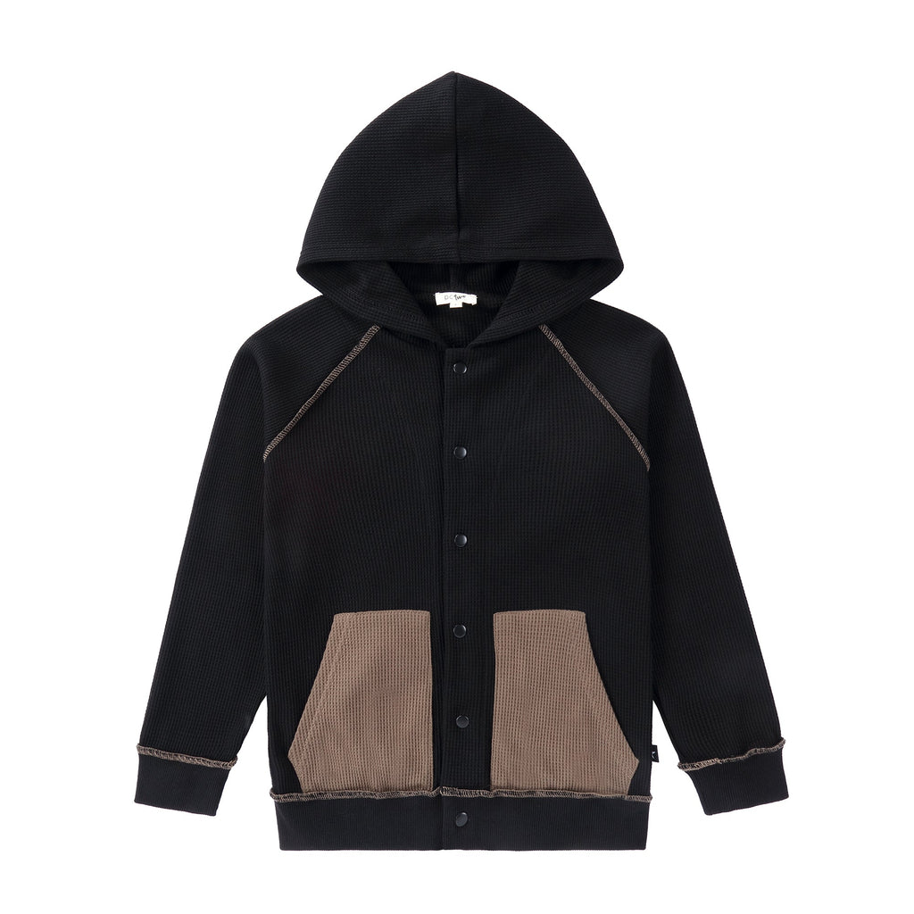 Black and Light Olive Waffle Snap Closure Hoodie