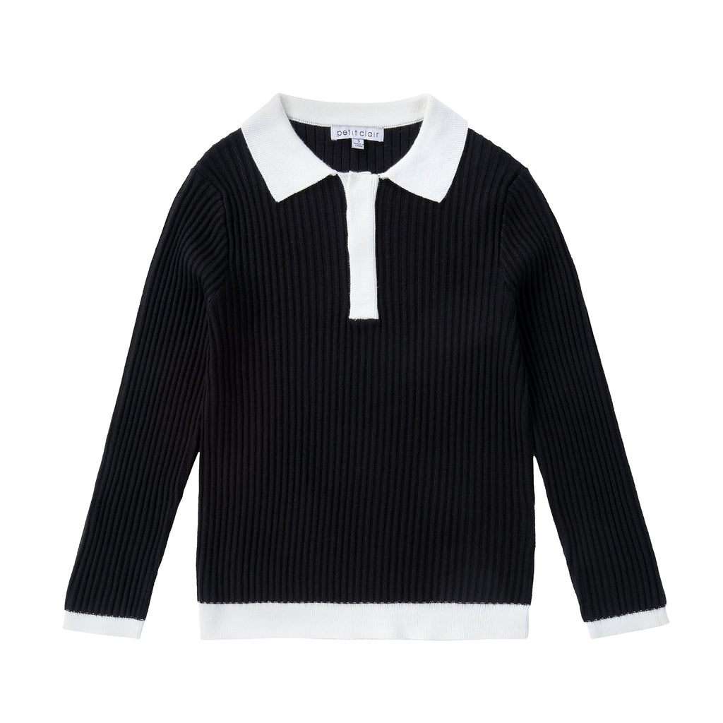 Black and White Ribbed Knit Polo