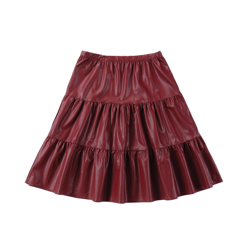 Leatherette Tiered Skirt in Merlot