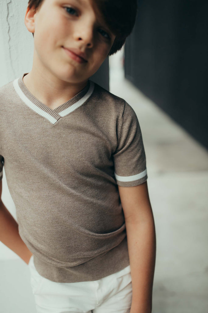 V-neck Short Sleeve Sweater in Tan