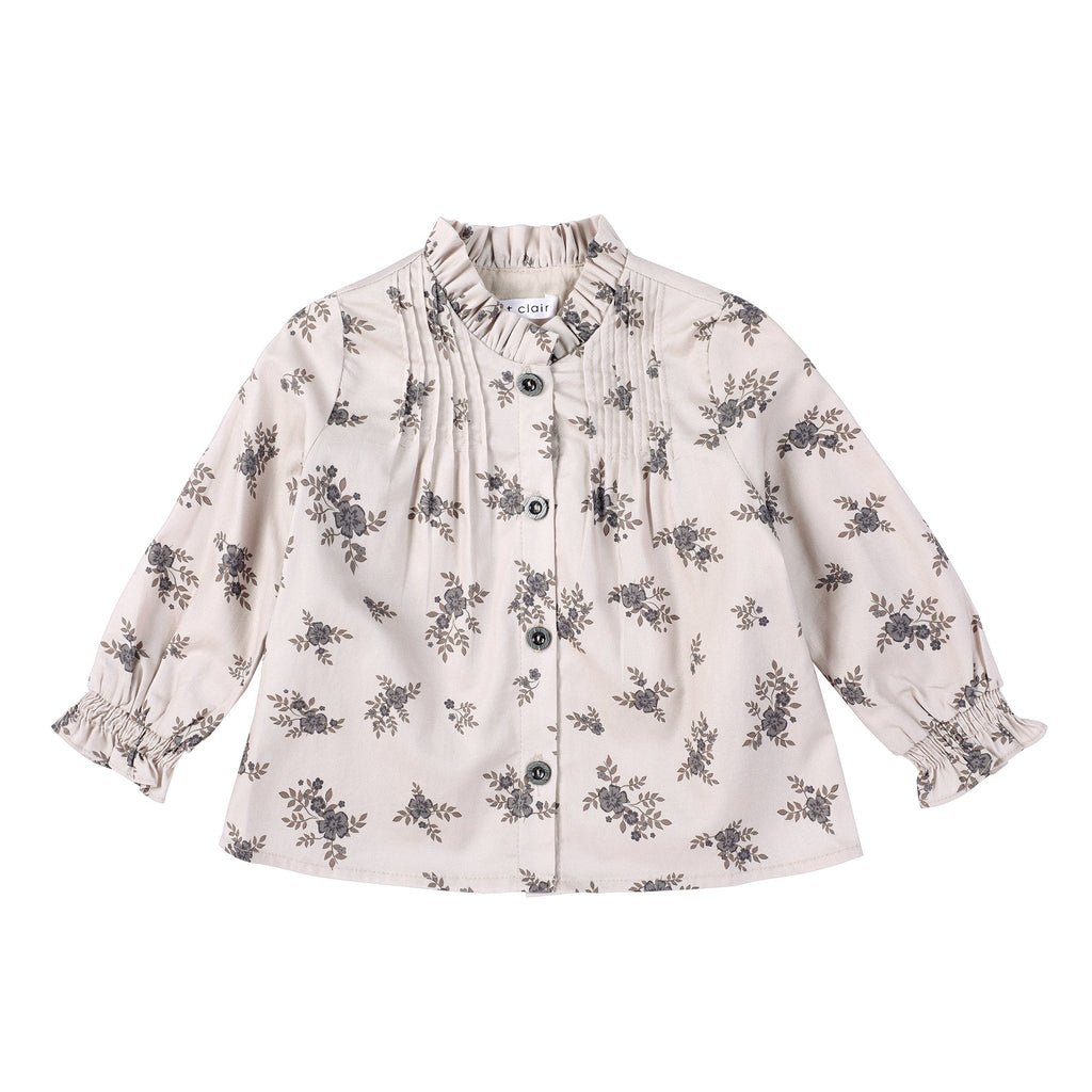Taupe Floral Baby Top with Pleated Details
