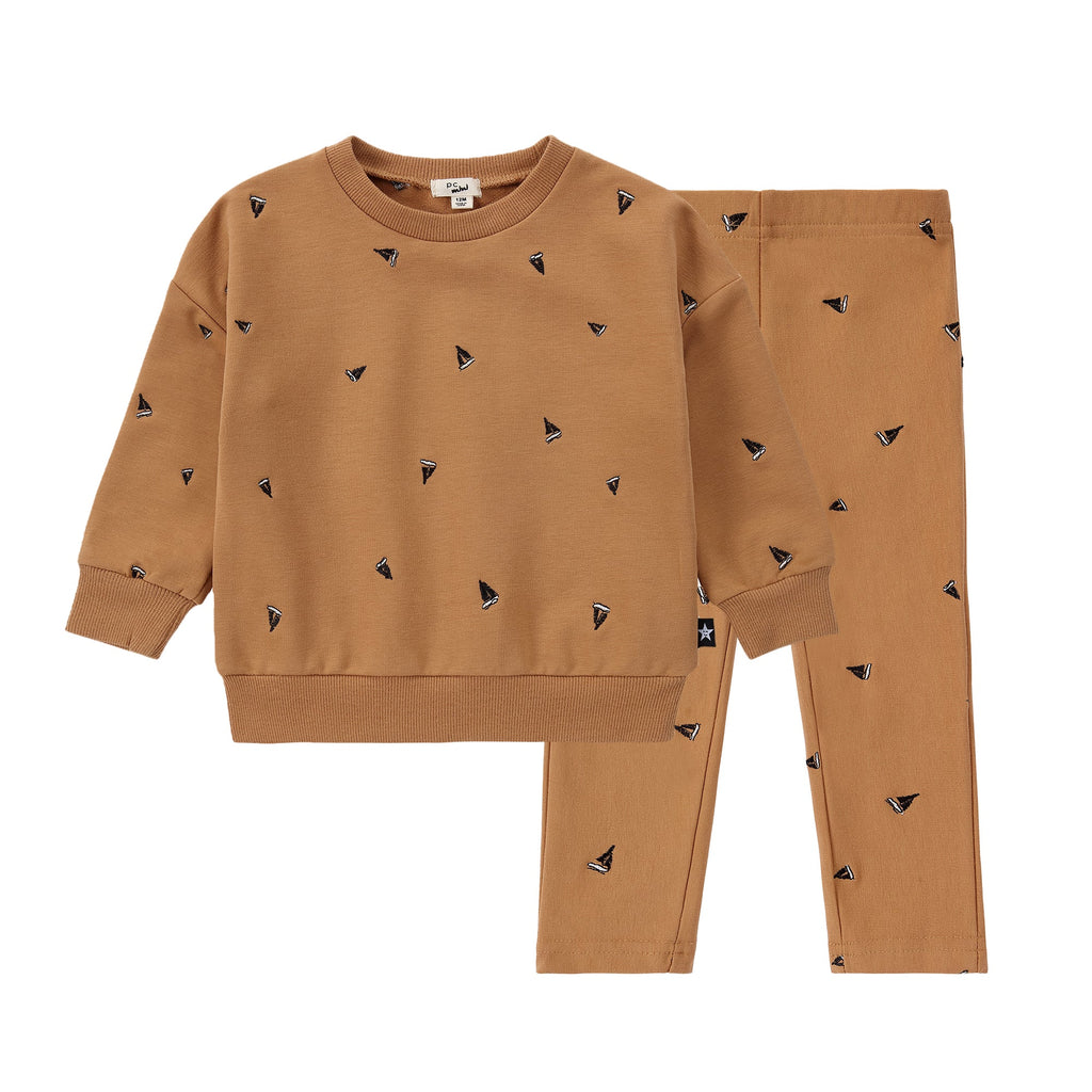 Baby Mustard Embroidered Sailboat Drop Shoulder Sweatshirt Set