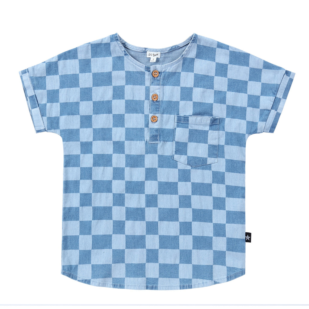 Grid Denim Mandarin Shirt