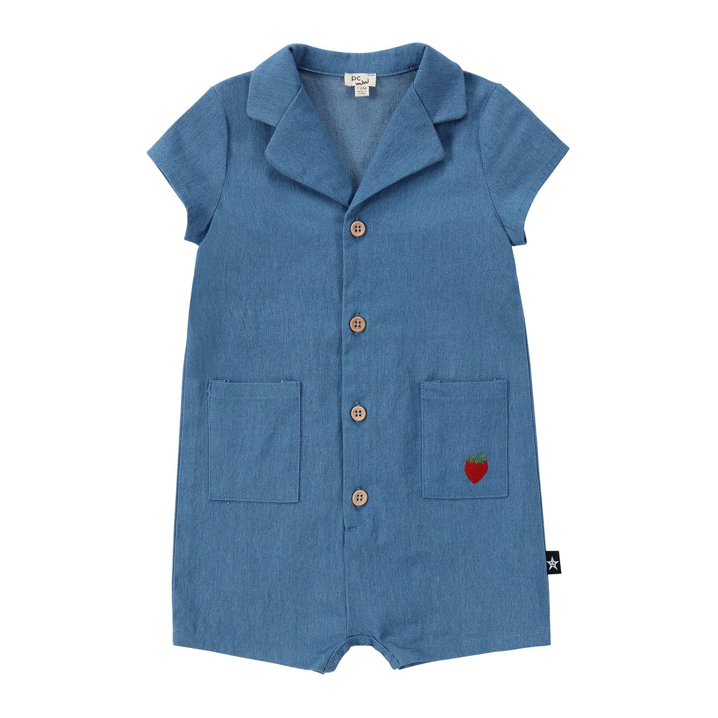 Collared Denim Romper with Embroidered Strawberry Detail