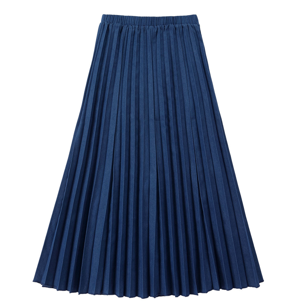 Blue Denim Maxi Pleated Skirt