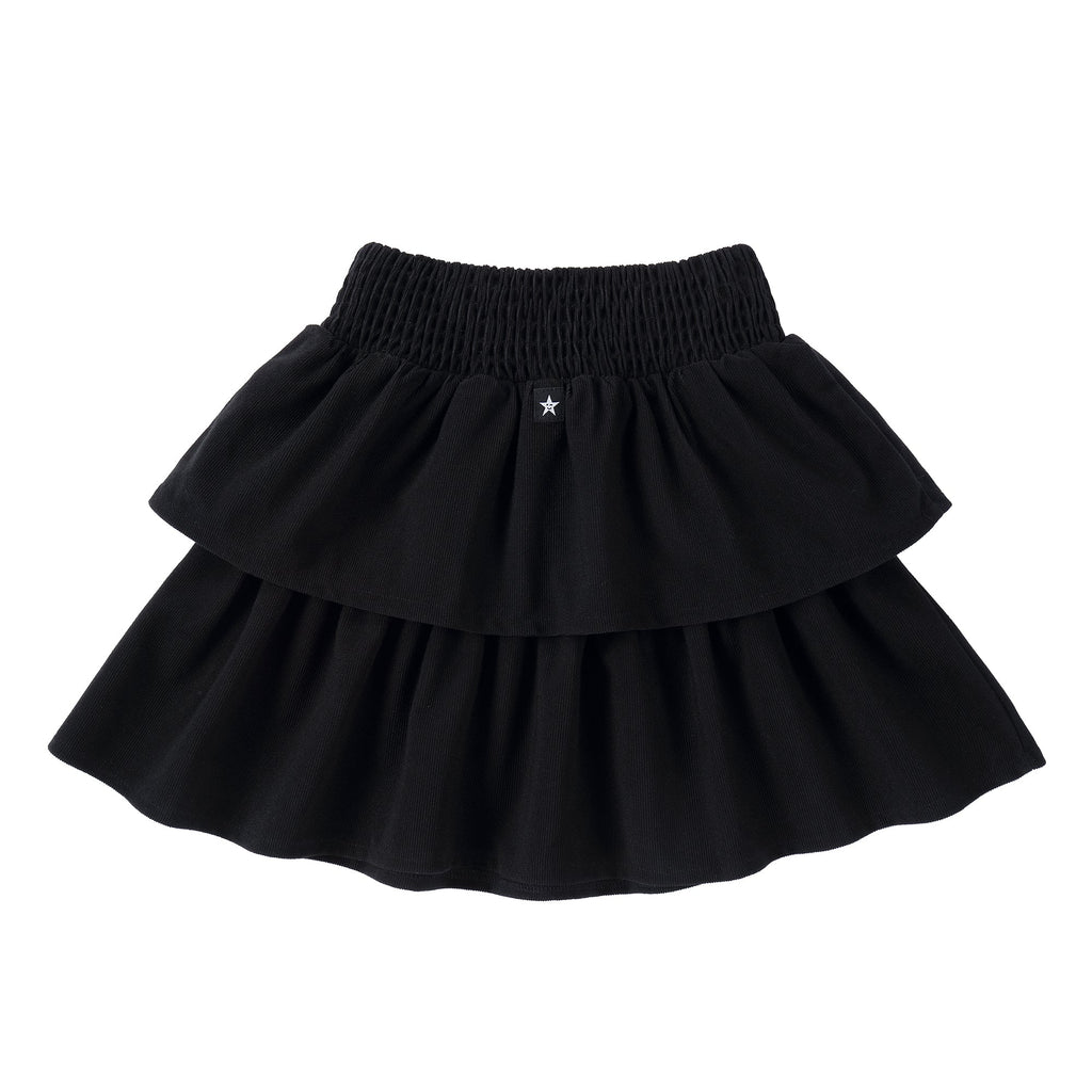Black Corduroy Two Tiered Skirt with Shirred Waistband