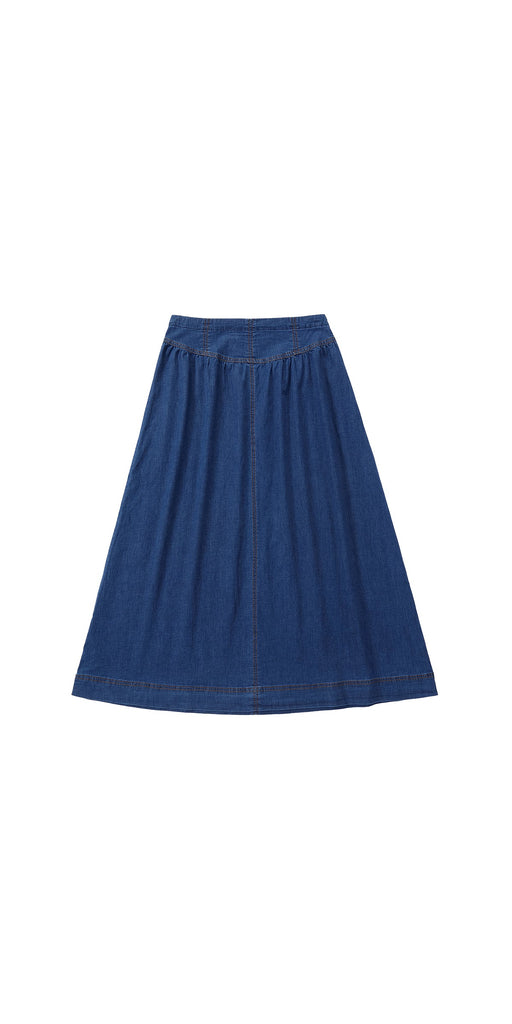 Dark Denim Paneled Yoke Maxi Skirt