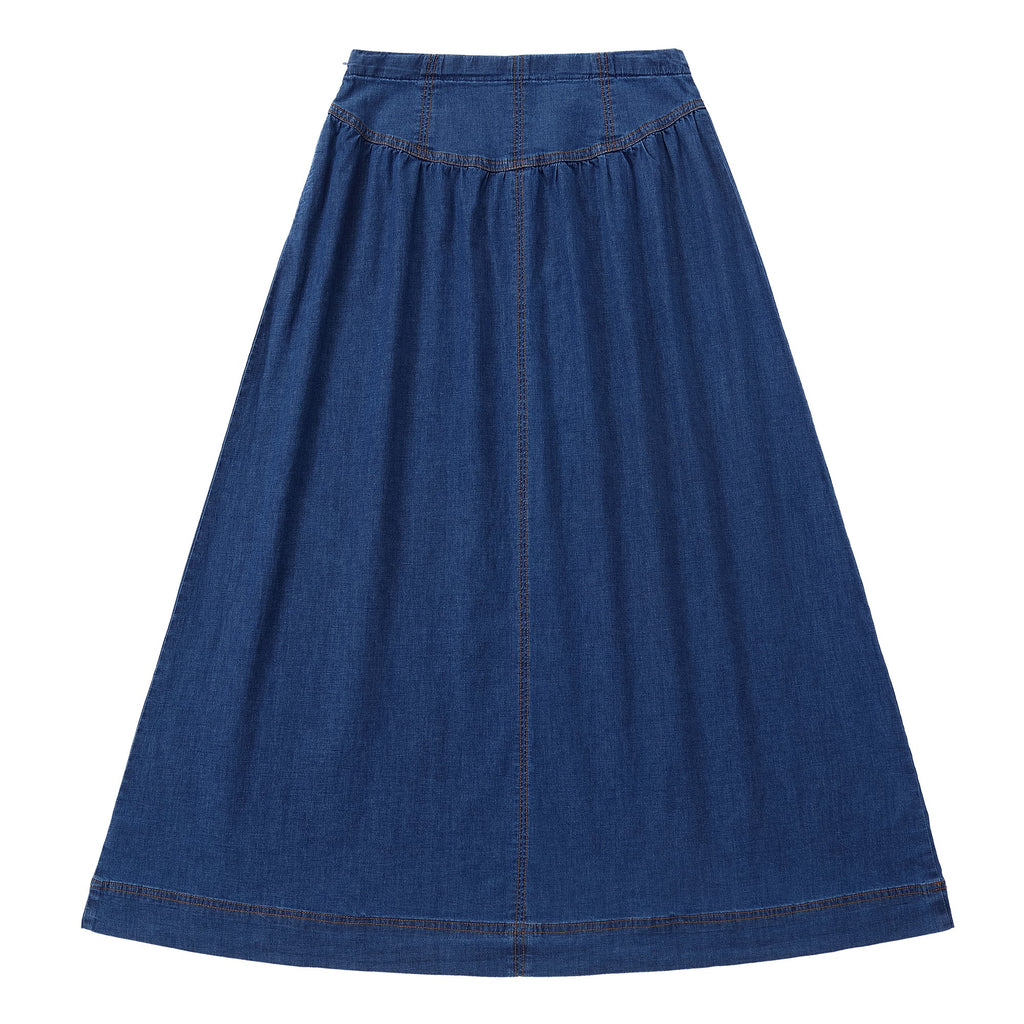 Dark Denim Paneled Yoke Maxi Skirt