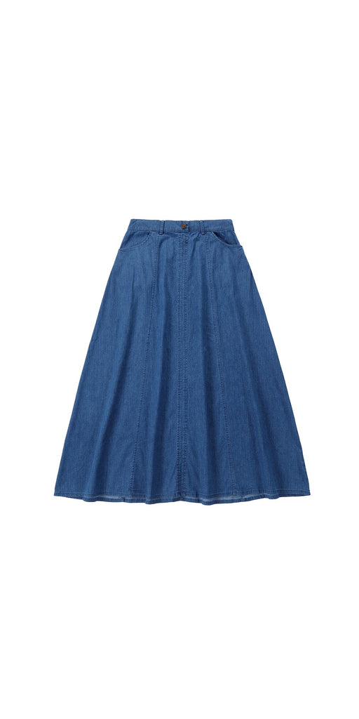 Blue Denim Maxi A-Line Paneled Skirt