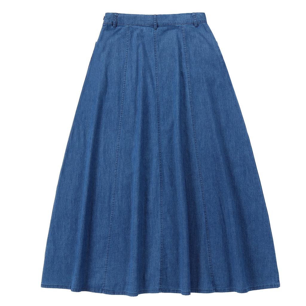 Blue Denim Maxi A-Line Paneled Skirt