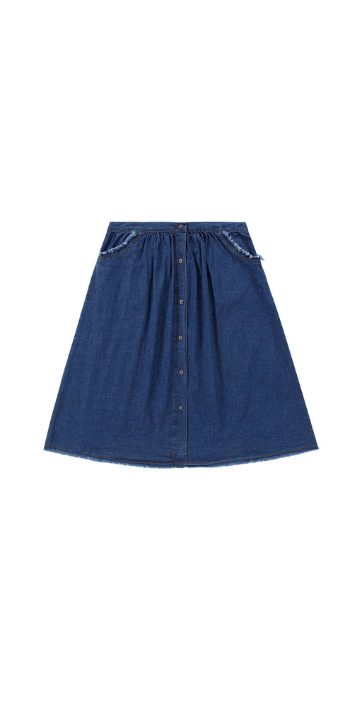 Dark Denim Frayed Detail Skirt