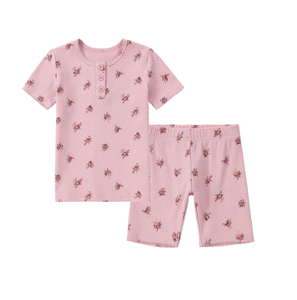 Pink Ribbed Floral Printed Short Sleeve Henley Pajama