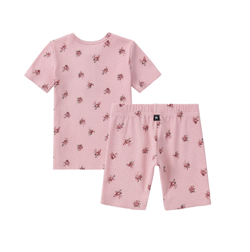 Pink Ribbed Floral Printed Short Sleeve Henley Pajama