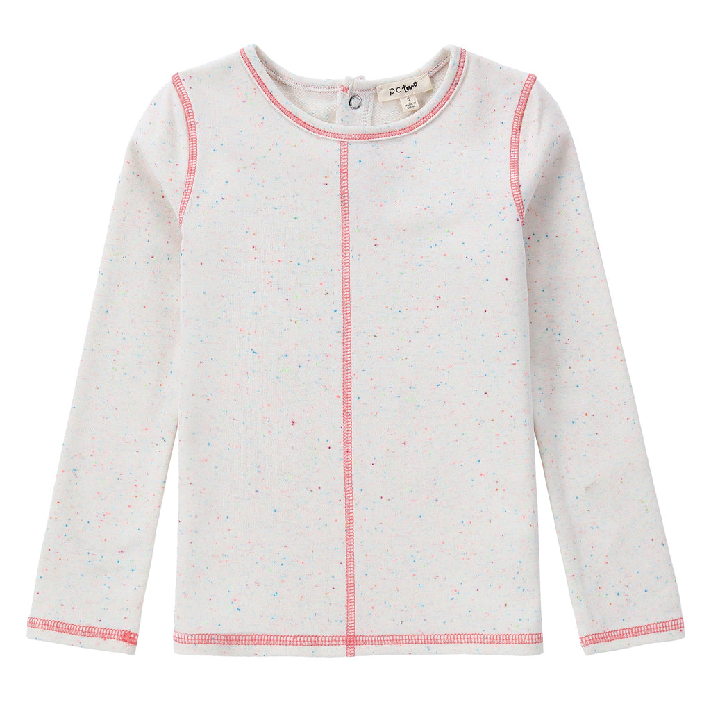 Ivory Speckled Paneled Long Sleeve T-Shirt With Pink Stitching And Accents