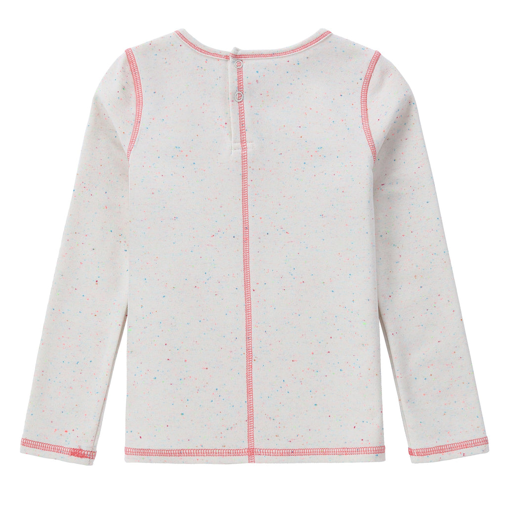 Ivory Speckled Paneled Long Sleeve T-Shirt With Pink Stitching And Accents