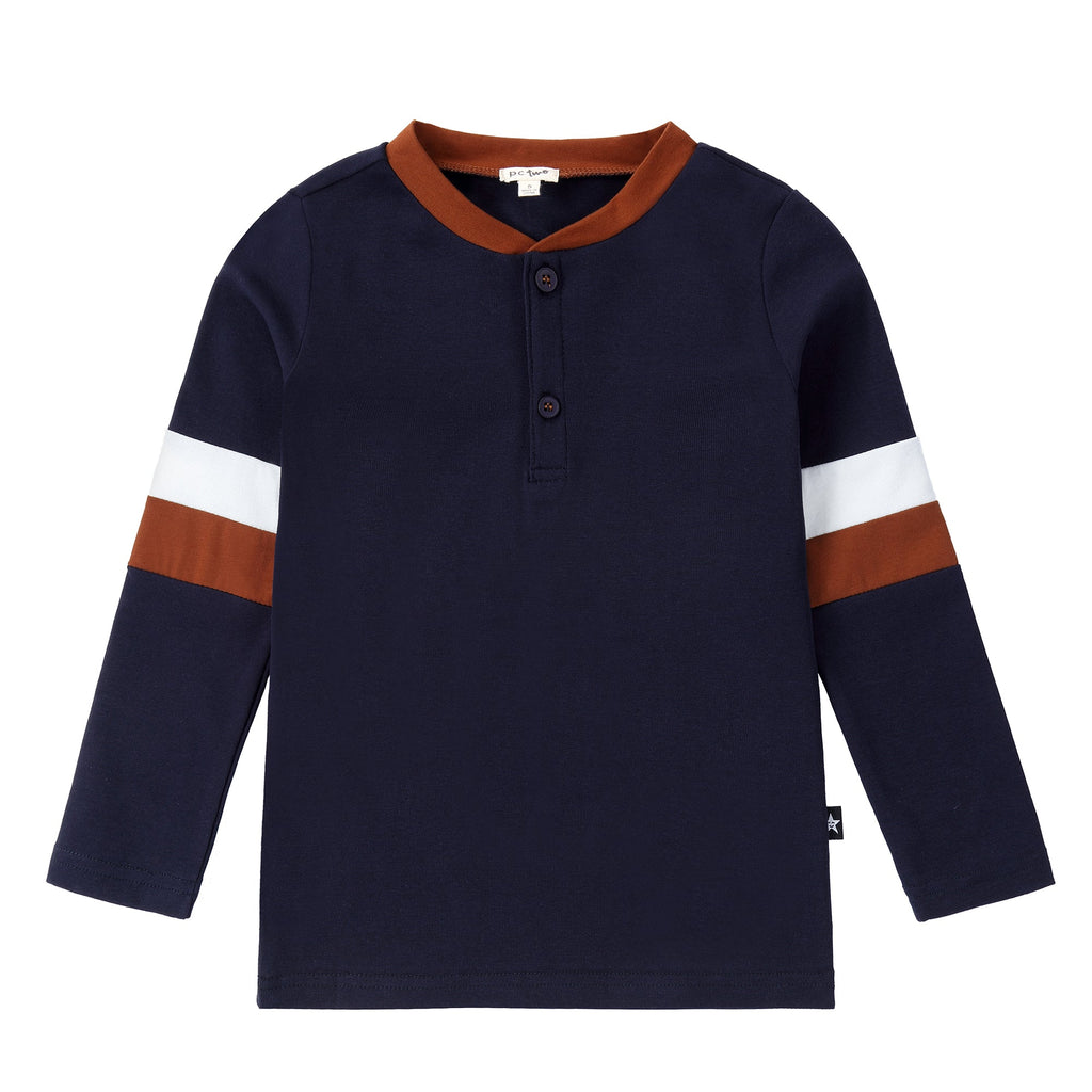Navy Henley with Brown and White Accents