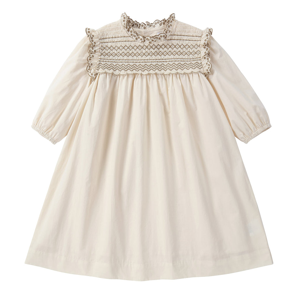 Cream Dress with Brown Shirring Details