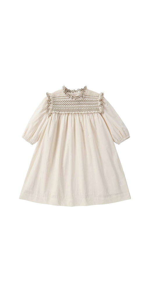 Cream Dress with Brown Shirring Details