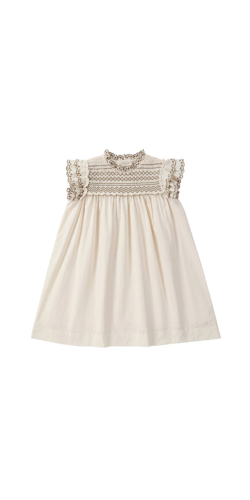 Cream Dress with Brown Shirring Details