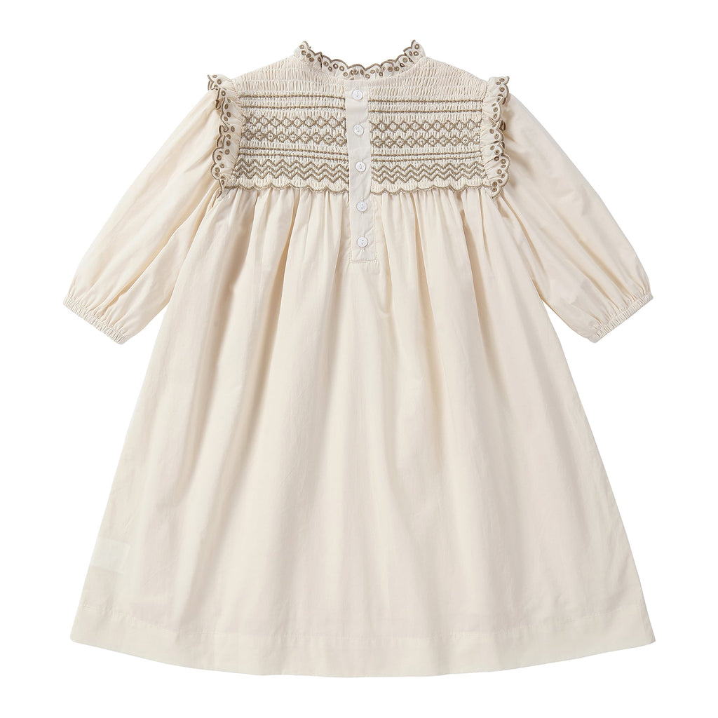 Cream Dress with Brown Shirring Details
