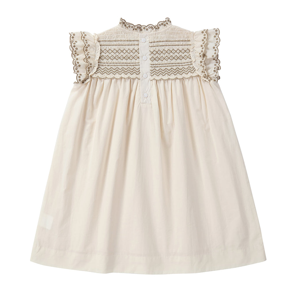 Cream Dress with Brown Shirring Details