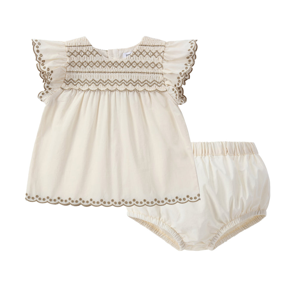 Cream Set with Brown Shirring Details