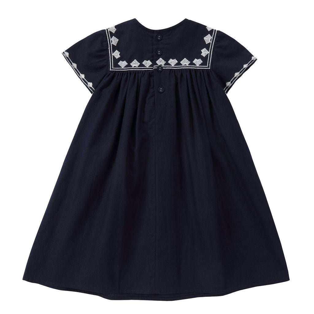 Navy Linen Embroidered Dress