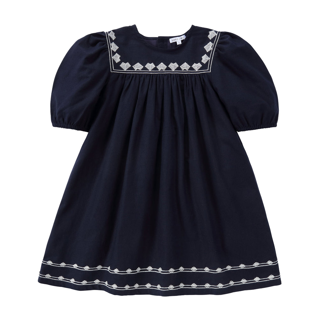 Navy Linen Embroidered Dress