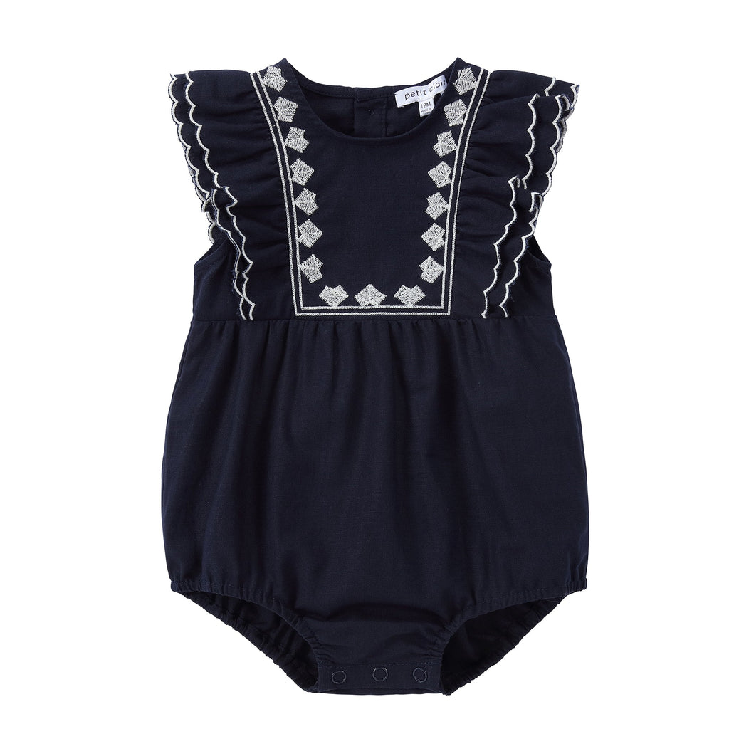 Navy Linen Embroidered Romper