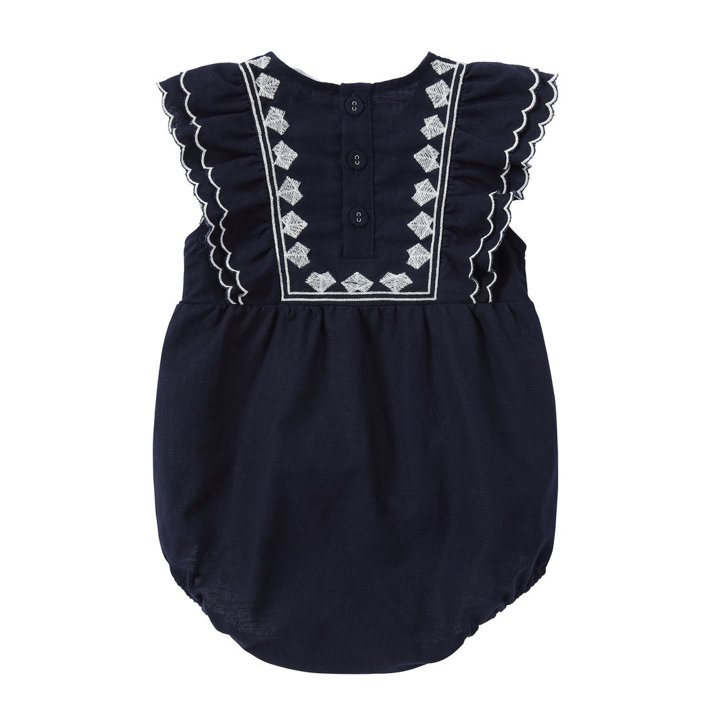 Navy Linen Embroidered Romper