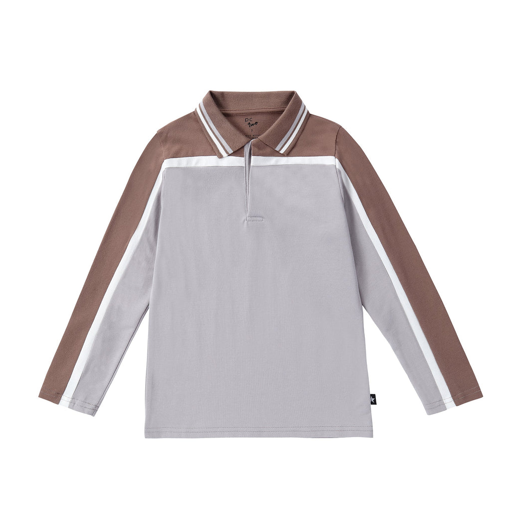 Brown and Grey Colorblock Long Sleeve Polo
