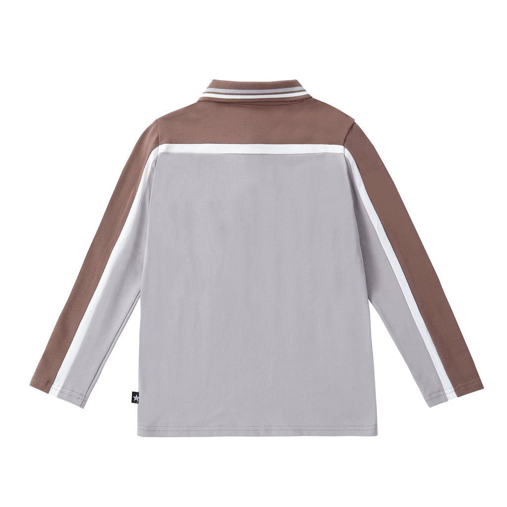Brown and Grey Colorblock Long Sleeve Polo