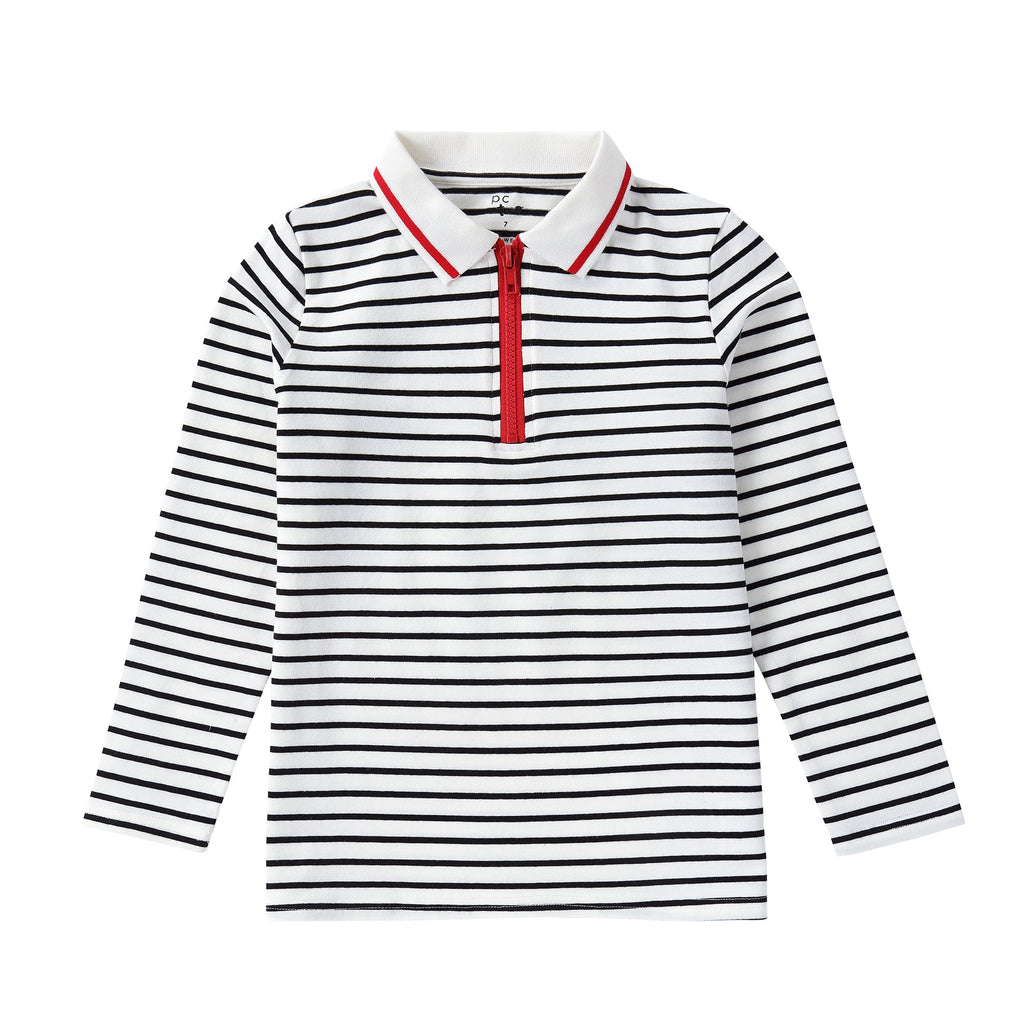 Black and White Stripe Long Sleeve Zipper Polo with Red Accents