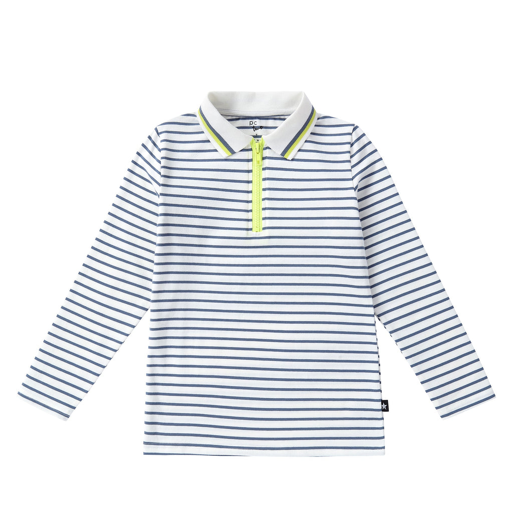 Dusty Blue and White Stripe Long Sleeve Polo with Neon Yellow Accents