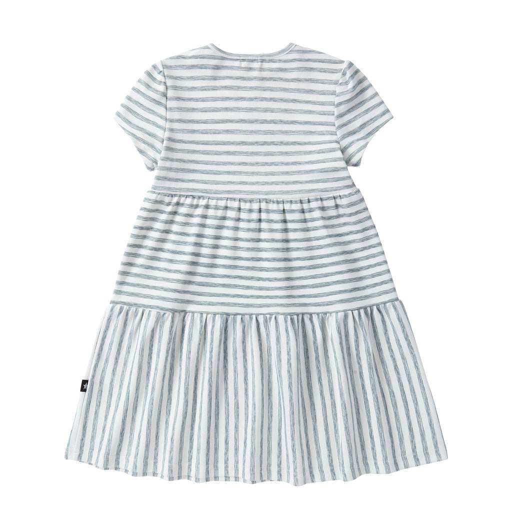 Dusty Blue Sketched Stripe Long Sleeve Tiered Dress