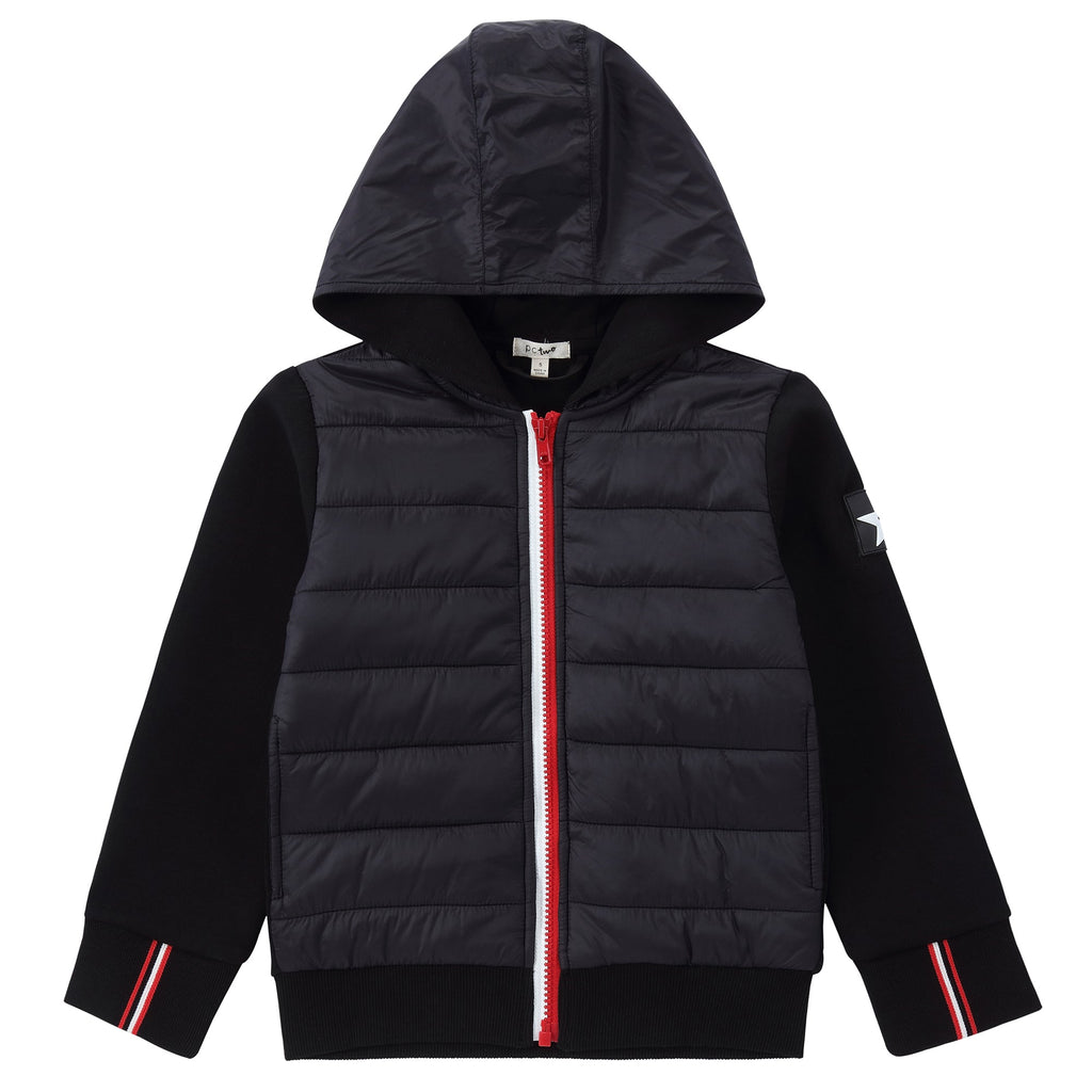 Black Puffer Jacket With Red And White Zipper