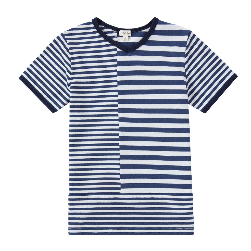Navy Blue And White Stripe Paneled T-Shirt