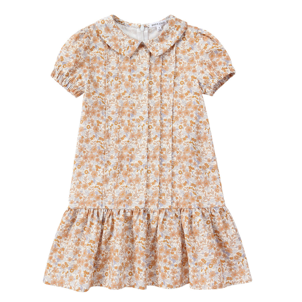 Tan Floral Pleated Detail Collared Dress