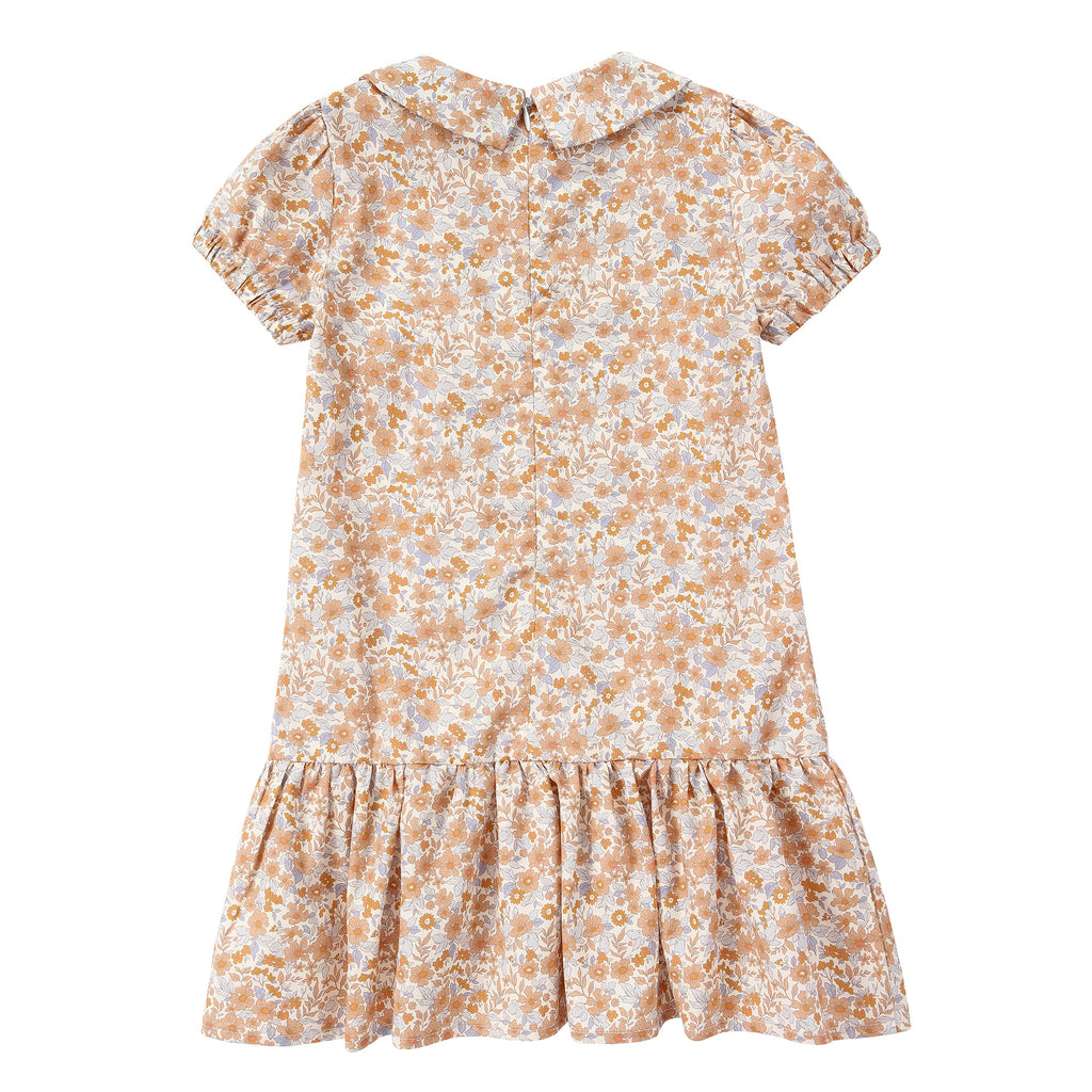 Tan Floral Pleated Detail Collared Dress