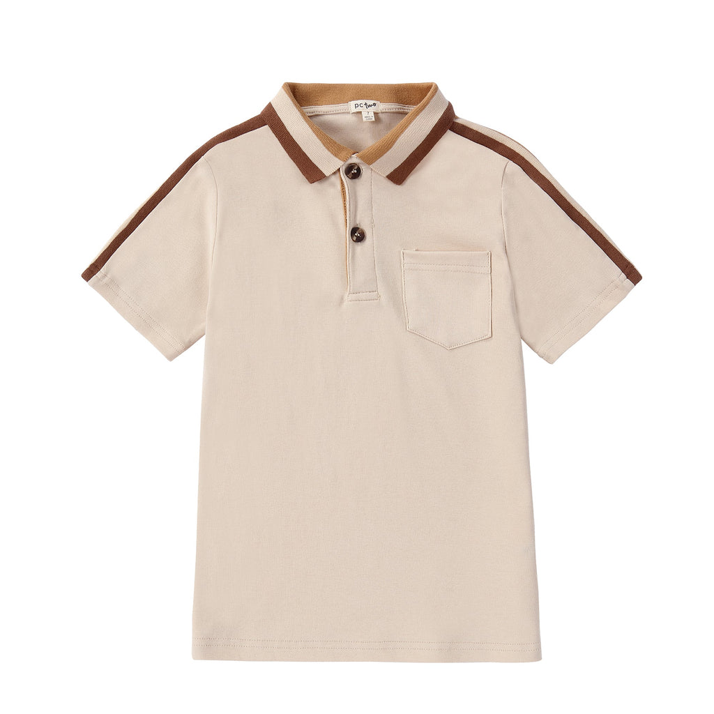 Tan Short Sleeve Polo with Brown and Tan Ribbed Details