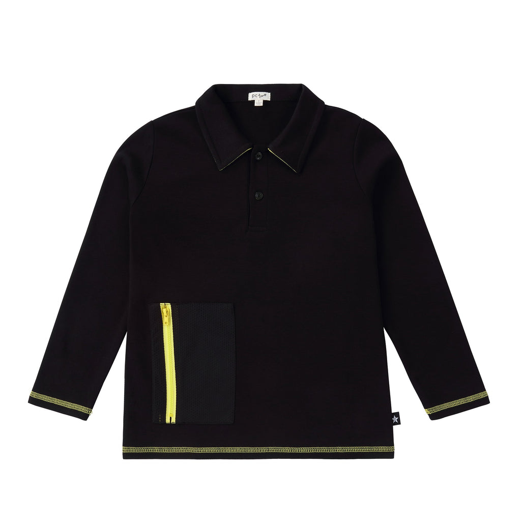 Black Long Sleeve Polo with Neon and Mesh Accents